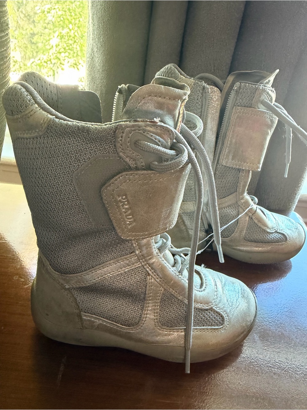 Prada Kids Metallic Gray Lace-Up High-Top Boots